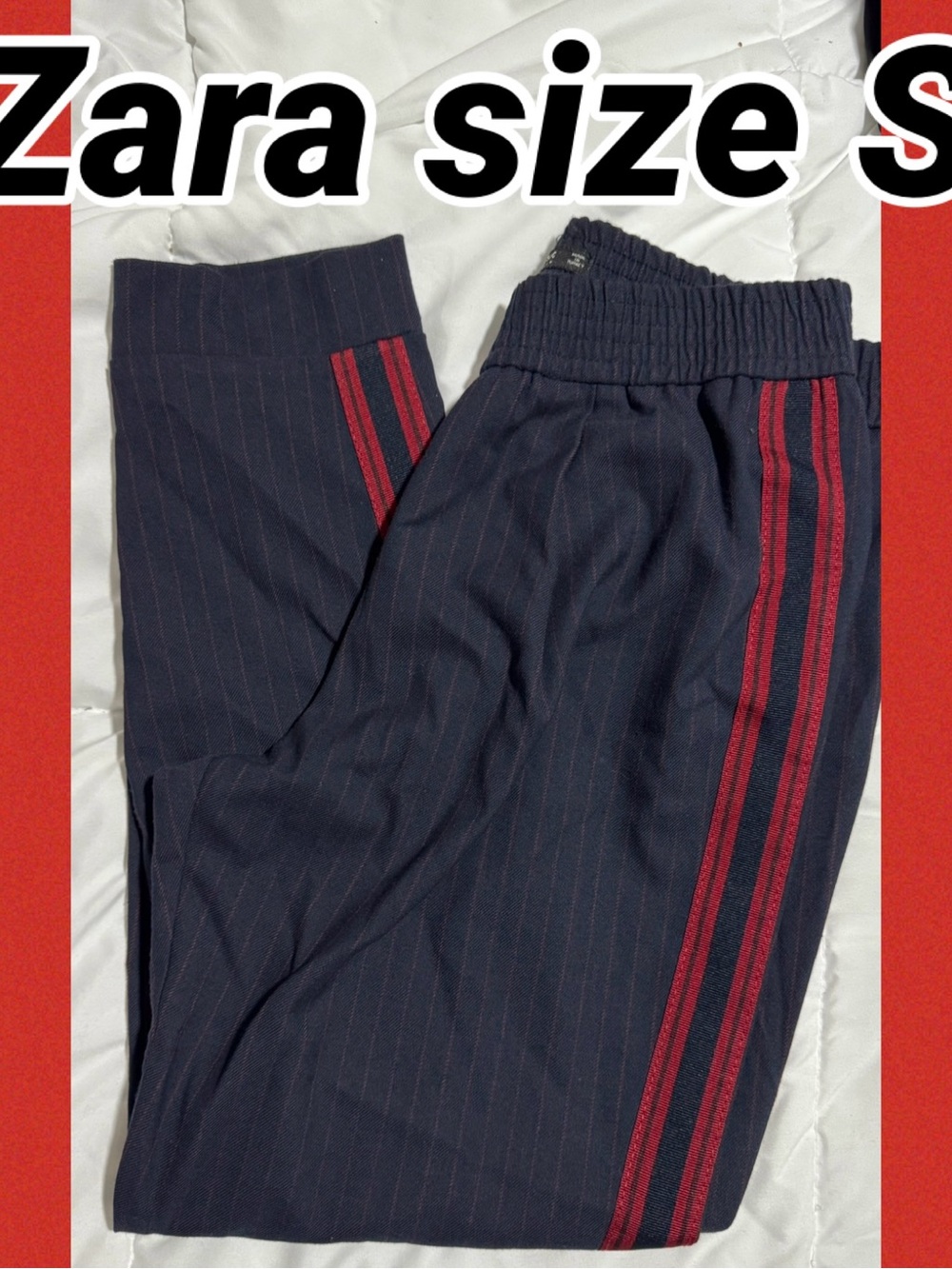Zara Navy Pinstripe Joggers with Red Side Stripes